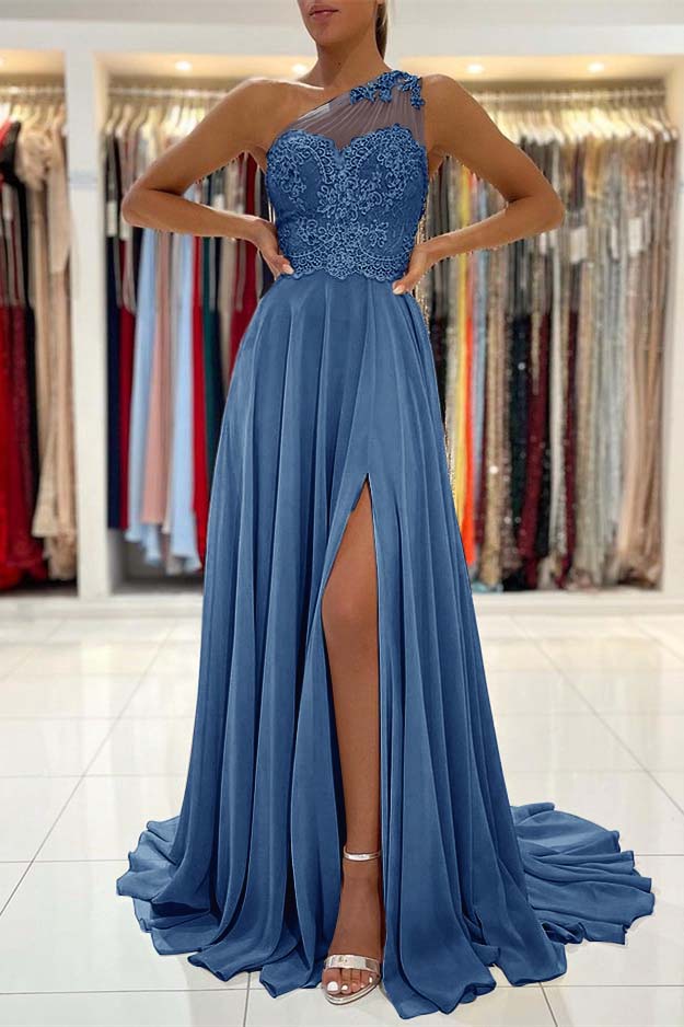 Custom One Shoulder Prom Dress With Lace Appliques And Front Split
