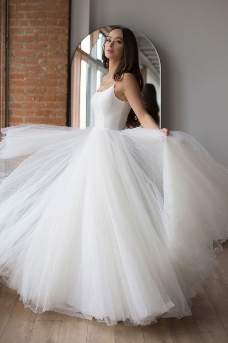 Spaghetti Straps Tulle Long Wedding Dress With Delicate Details