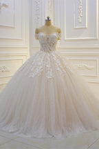 Chic Sequin Off The Shoulder Sweetheart Ball Gown Wedding Dress Appliques Lace