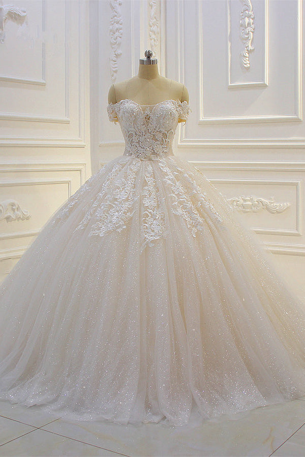 Chic Sequin Off The Shoulder Sweetheart Ball Gown Wedding Dress Appliques Lace