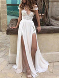 Lace Short Sleeve Wedding Dress With Slit Elegant Bridal Gown