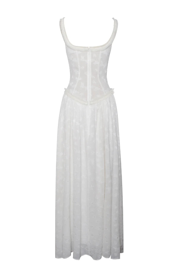 Vestido Maxi Ulissa Verde Claro com Decote Quadrado, Textura Jacquard e Fenda Alta