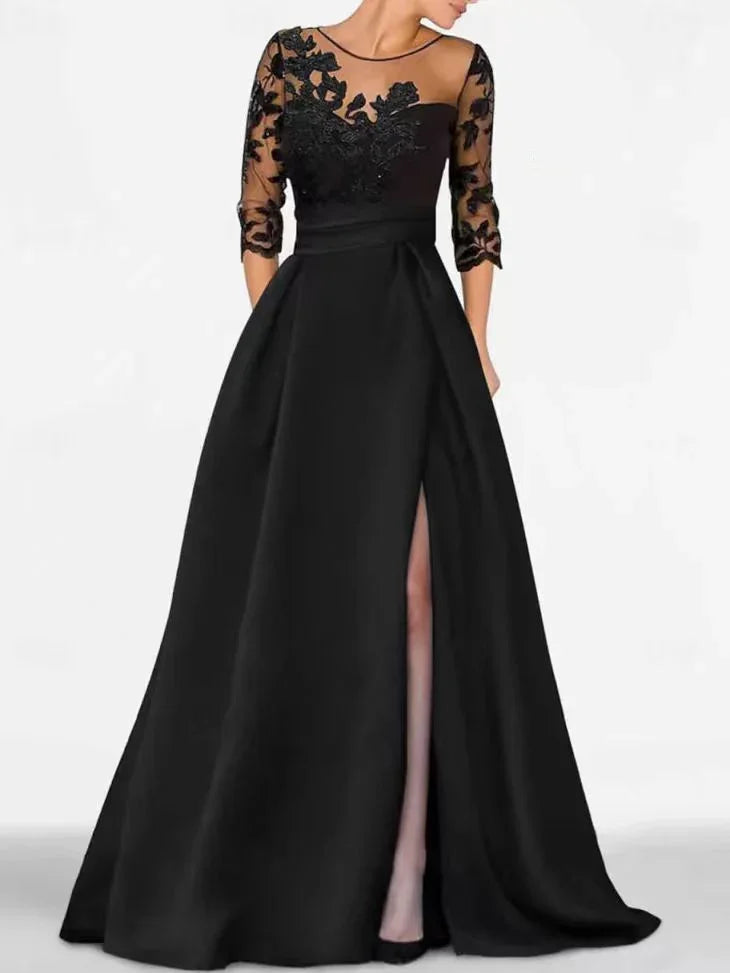 Vestido formal elegante em cetim preto bordado