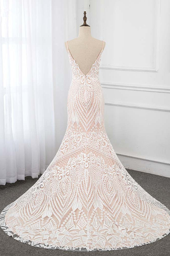 BMbridal Ivory Wedding Dress Spaghetti Straps V Neck Appliques Sleeveless Gown
