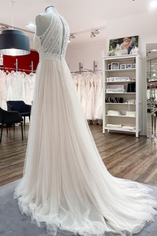 Vintage Long Halter Backless A Line Wedding Dress With Lace And Tulle