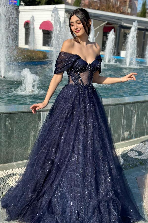 A Line Floor Length Sweetheart Off Shoulder Sequined Tulle Wedding Dress