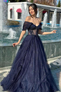 A Line Floor Length Sweetheart Off Shoulder Sequined Tulle Wedding Dress