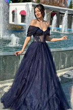 A Line Floor Length Sweetheart Off Shoulder Sequined Tulle Wedding Dress