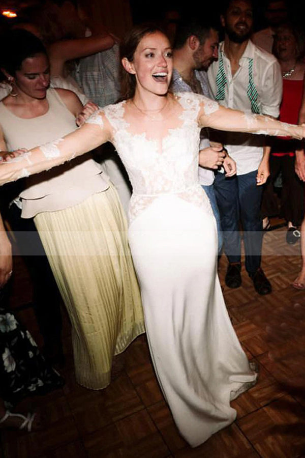 Classic Lace Floor Length Long Sleeve Sheer Tulle A Line Wedding Dress