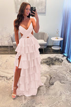 Spaghetti Strap Sleeveless Prom Dress With Ruffles And Long Split