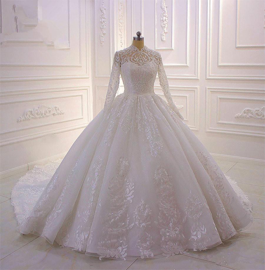 Simple Ball Gown Wedding Dress With Ruffles High Neck Applique Lace Long Sleeves