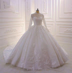 Simple Ball Gown Wedding Dress With Ruffles High Neck Applique Lace Long Sleeves