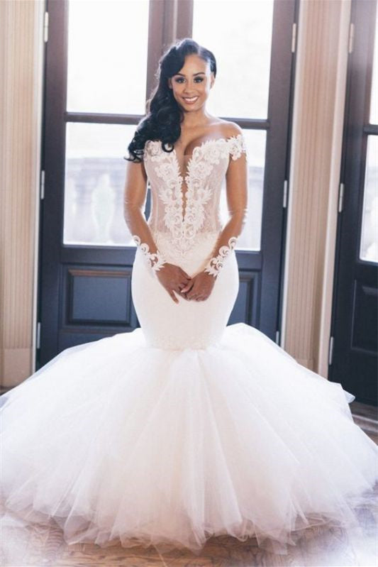 Chic Mermaid Tulle Wedding Dress With Long Sleeves Off Shoulder And Appliques