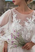 Elegant Tulle Bubble Sleeves Lace Wedding Dress For Brides Romantic Silhouette