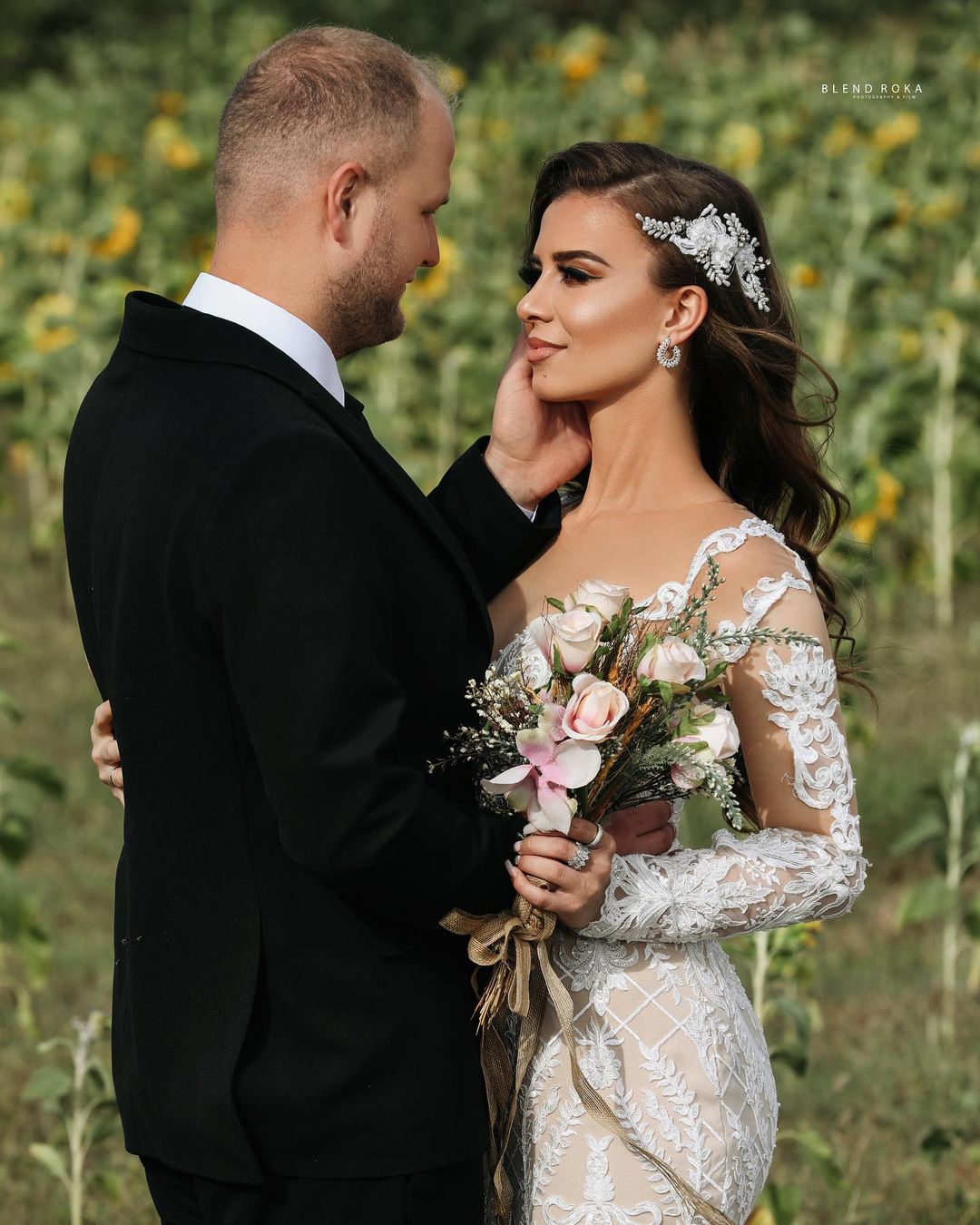 Bmbridal Long Sleeves Lace Mermaid Wedding Dress Boho Bridal Gown