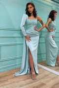 Vestido de Cetim para Baile com Lantejoulas, Manga Comprida e Fenda, Estilo Sereia