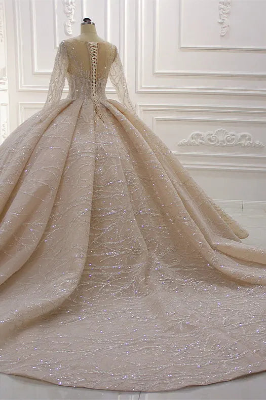 Glamorous Bateau Long Sleeve Floor Length Ball Gown Wedding Dress With Ruffles