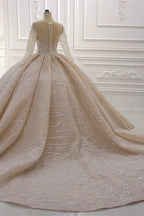Glamorous Bateau Long Sleeve Floor Length Ball Gown Wedding Dress With Ruffles