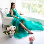 V-neck high split big belly dress, tulle maternity dress, draped long mesh pregnancy evening dress