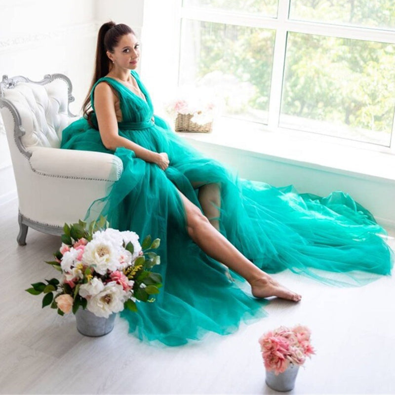 Robe à encolure en V avec grande fente et ventre apparent, robe de maternité en tulle, robe de soirée longue drapée en filet pour grossesse