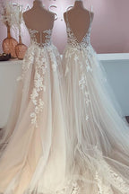 Pretty Floor Length A Line Backless Wedding Dress With Tulle Lace Appliques