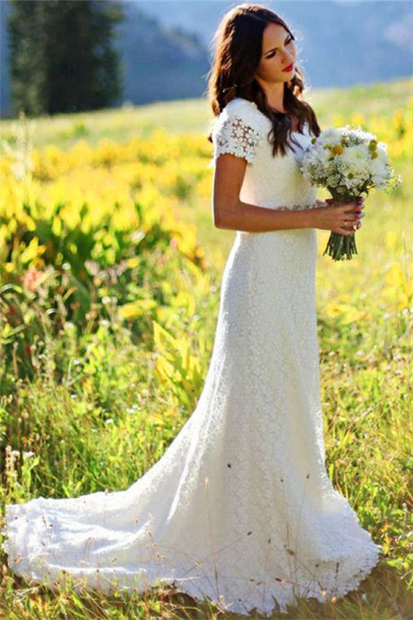 Bmbridal Short Sleeves Lace Boho Wedding Dress Zipper Back Floor Length On Sale