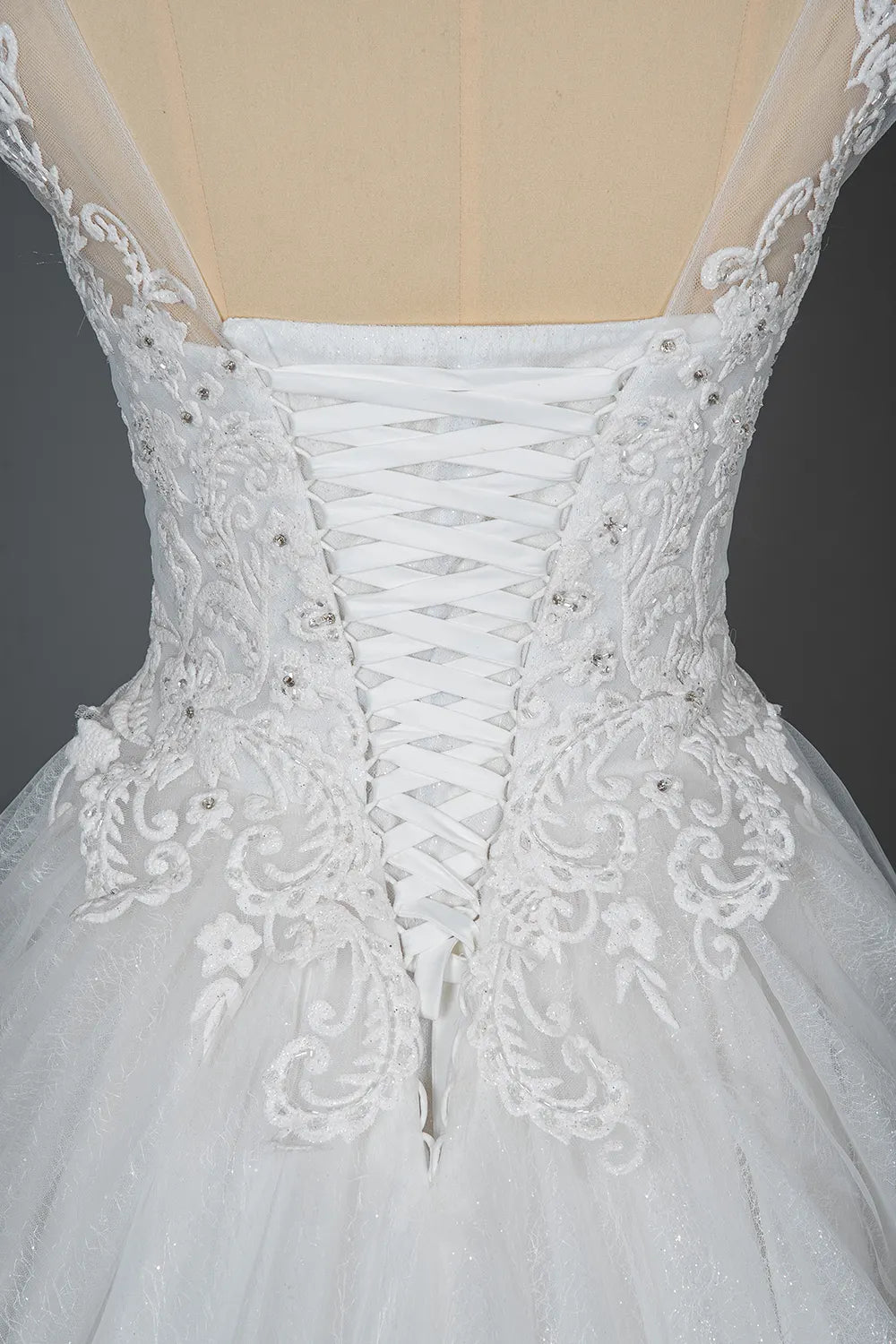 Cap Sleeve Ball Gown Wedding Dress With Sheer Tulle And Lace V Neck
