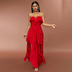 Vestuário Feminino Primavera Verão Vestido Elegante e Moderno Top Tubo Decote em V Detalhes Folhos Costas Nuas Vestido de Noite