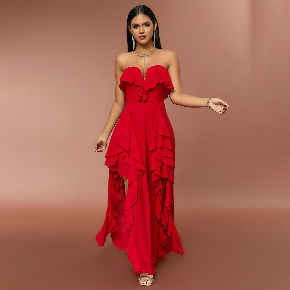 Vestuário Feminino Primavera Verão Vestido Elegante e Moderno Top Tubo Decote em V Detalhes Folhos Costas Nuas Vestido de Noite