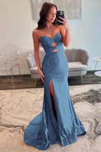 Strapless Mermaid Prom Dress With Sequins And Split Long Gown