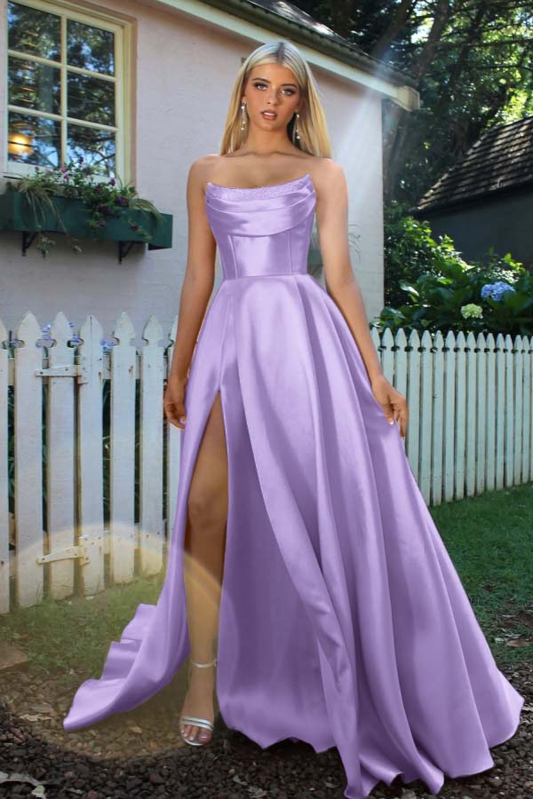 Strapless Sleeveless A Line Long Prom Dress Pleated Split