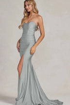 Strapless Sleeveless Long Mermaid Prom Dress With Slit Pleated Custom Colors