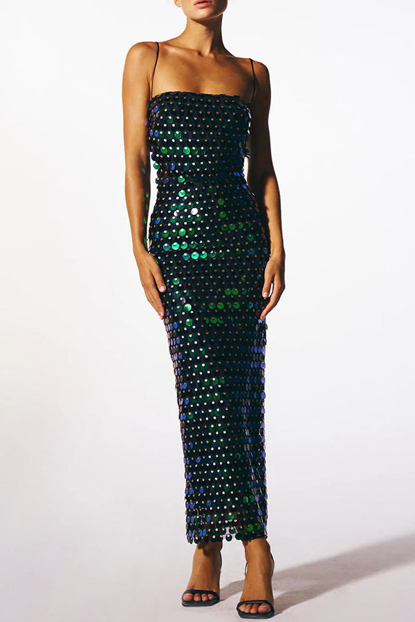 Abiti midi per feste di compleanno con spalline sottili e lustrini brillanti glamour
