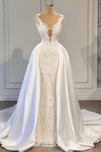 Gorgeous White Crystal Lace Appliques Mermaid Wedding Dress With Overskirt