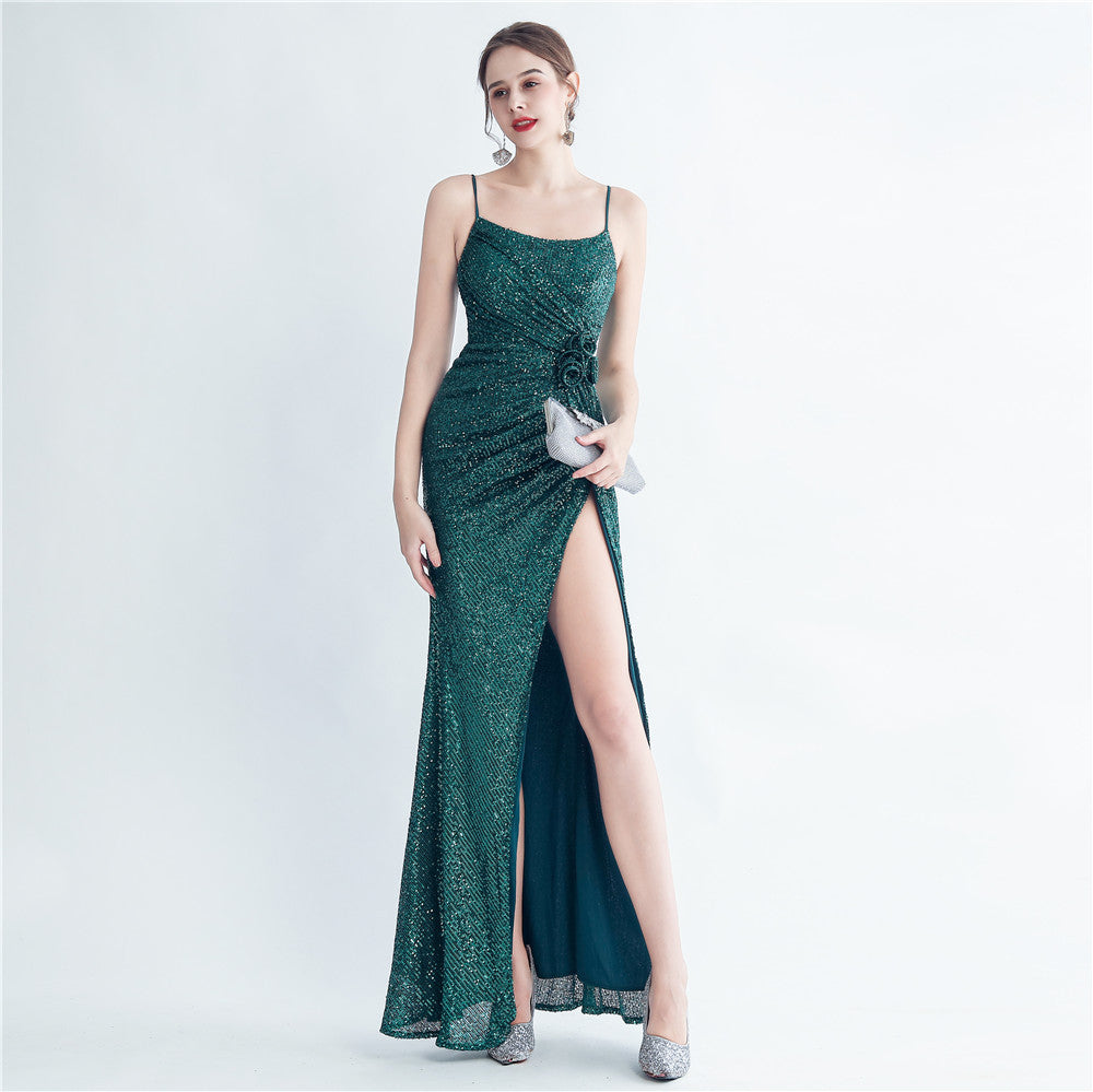 Reúne Sequ Feito à Mão Floral Split Sling Vestido de Noite Simples