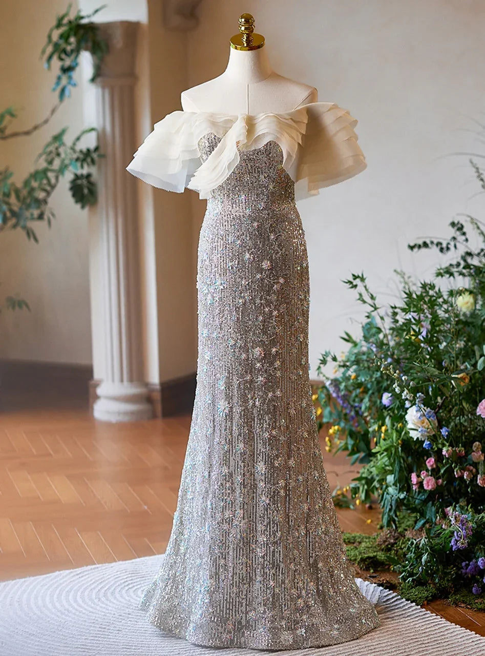 Vestido de fiesta formal de noche con lentejuelas plateadas de sirena de lujo y abalorios Y7614