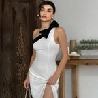 TARUXY Collare Asimmetrico ad Arco Abito Midi Sexy Spaccato Donna Colore Contrastante Senza Maniche Elegante Abito da Sera per Club Abbigliamento alla Moda con Inserti