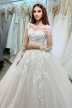 Charming Princess Bateau Long Sleeve Floor Length Lace Appliques Wedding Dress