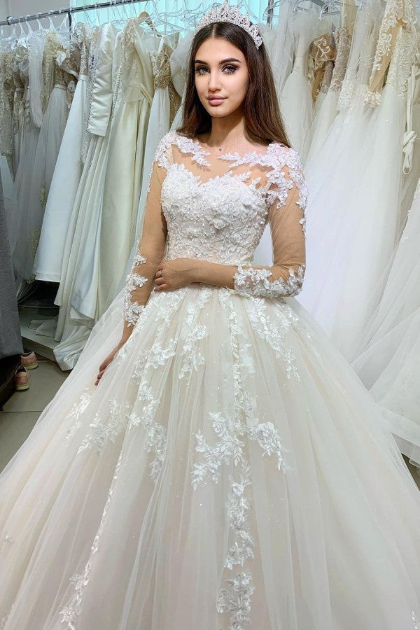 Charming Princess Bateau Long Sleeve Floor Length Lace Appliques Wedding Dress