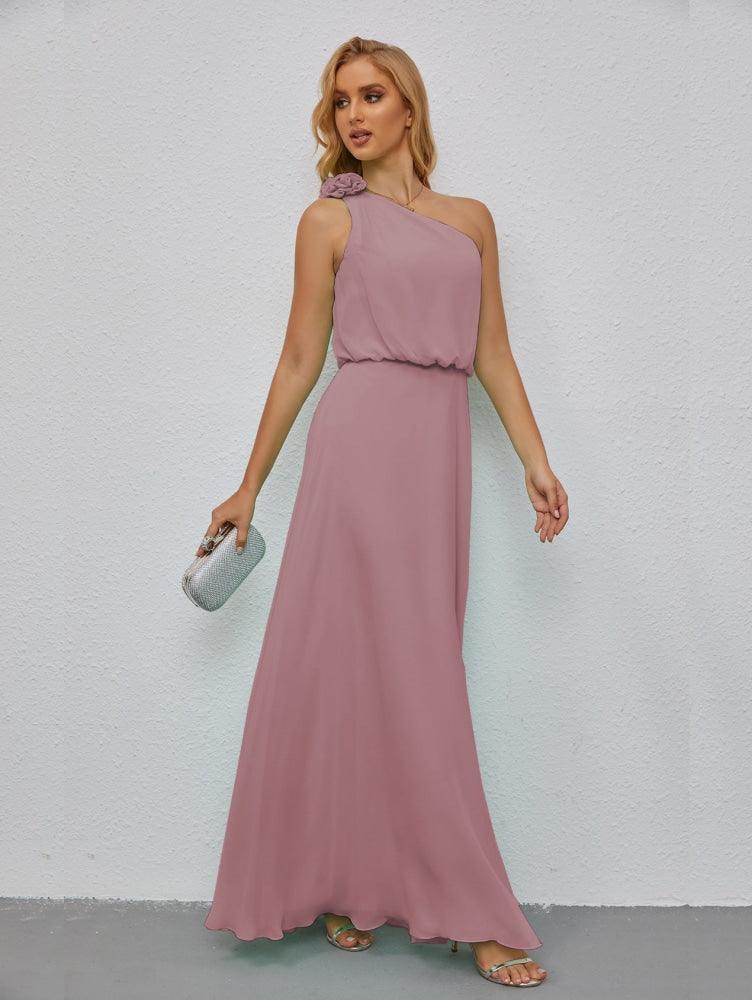 Ruffled One Shoulder Sleeveless Long Bridesmaid Dresses A-line Formal Evening Gown Side Split 28080