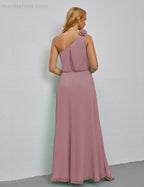 Ruffled One Shoulder Sleeveless Long Bridesmaid Dresses A-line Formal Evening Gown Side Split 28080