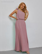 Ruffled One Shoulder Sleeveless Long Bridesmaid Dresses A-line Formal Evening Gown Side Split 28080