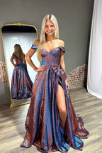 Sparkly Blue Off the Shoulder Metallic A-Line Long Corset Prom Dress with Bow