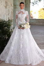 Designer A Line Lace Wedding Dress With Sleeves Satin Train For Church Or Garden