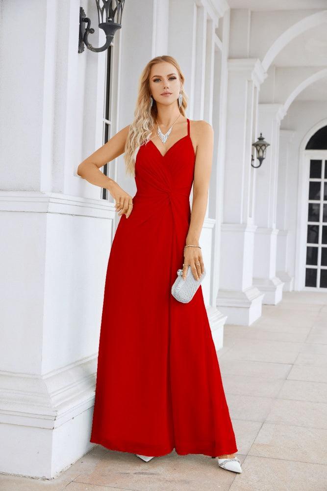 Vestido de Festa Comprido até ao Chão para Damas de Honra, em Chiffon, com Alças Finas, Decote em V e Fenda Frontal, para Baile, Festa e Casamento 28116