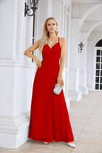 Vestido de Festa Comprido até ao Chão para Damas de Honra, em Chiffon, com Alças Finas, Decote em V e Fenda Frontal, para Baile, Festa e Casamento 28116