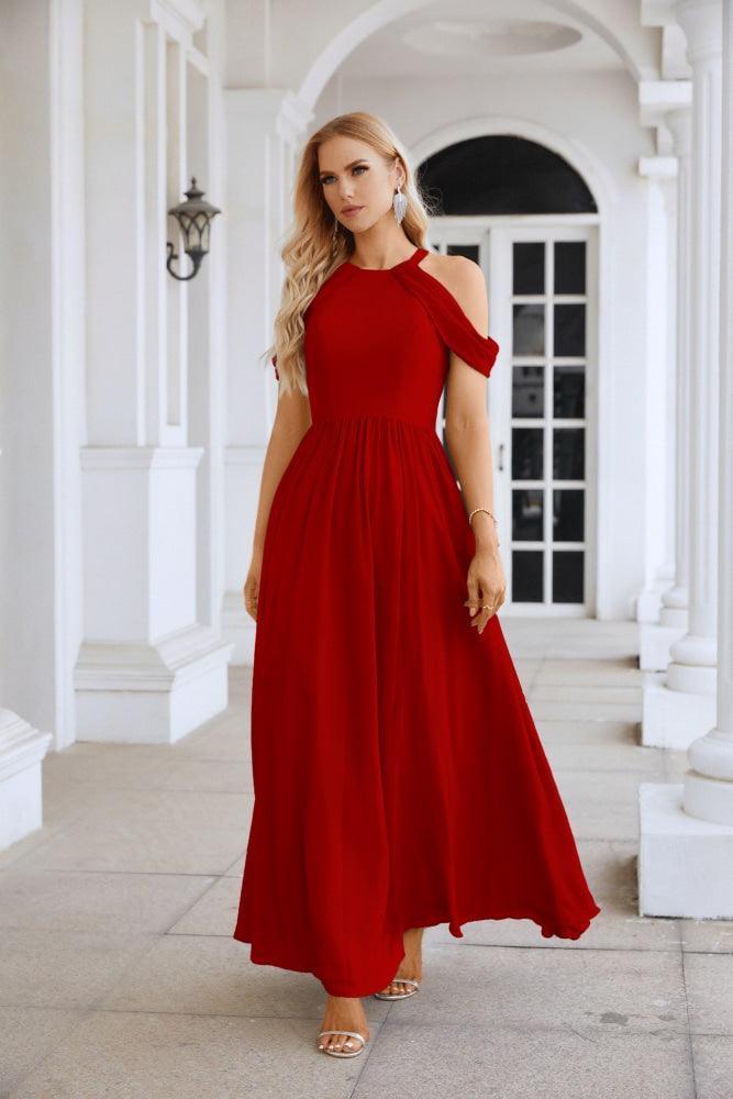 Abito da sera da damigella in chiffon con spalle scoperte, maniche a campana e spacco frontale, abito da festa nuziale 28117