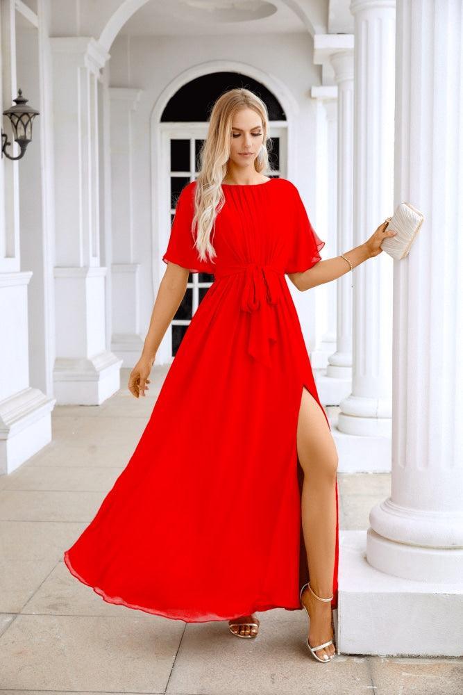 Robe de soirée longue jusqu'au sol pour demoiselle d'honneur, manches en mousseline, encolure ronde, fente avant, pour mariage et fête 28124