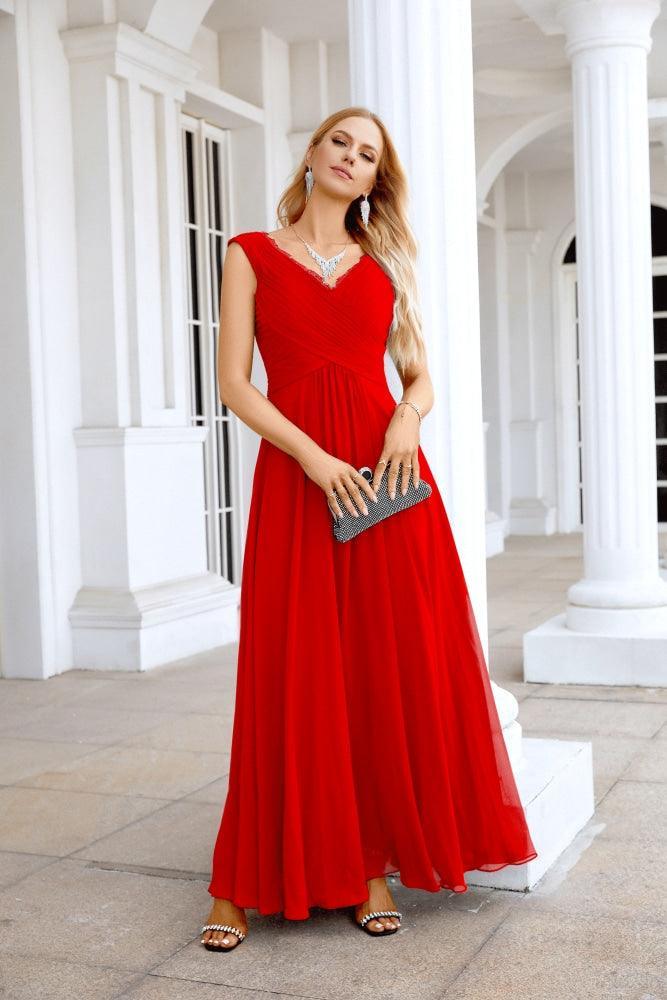 Ladies Chiffon V Neck Sleeveless Floor Length Bridesmaid Evening Dress Wedding Party Evening Dress 28126