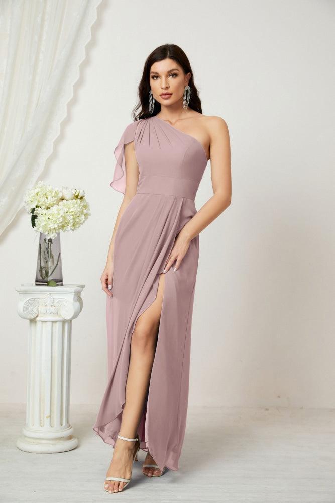 Chiffon Ruffled One Shoulder Long Bridesmaid Dresses A-line Formal Evening Gown Side Split 2809